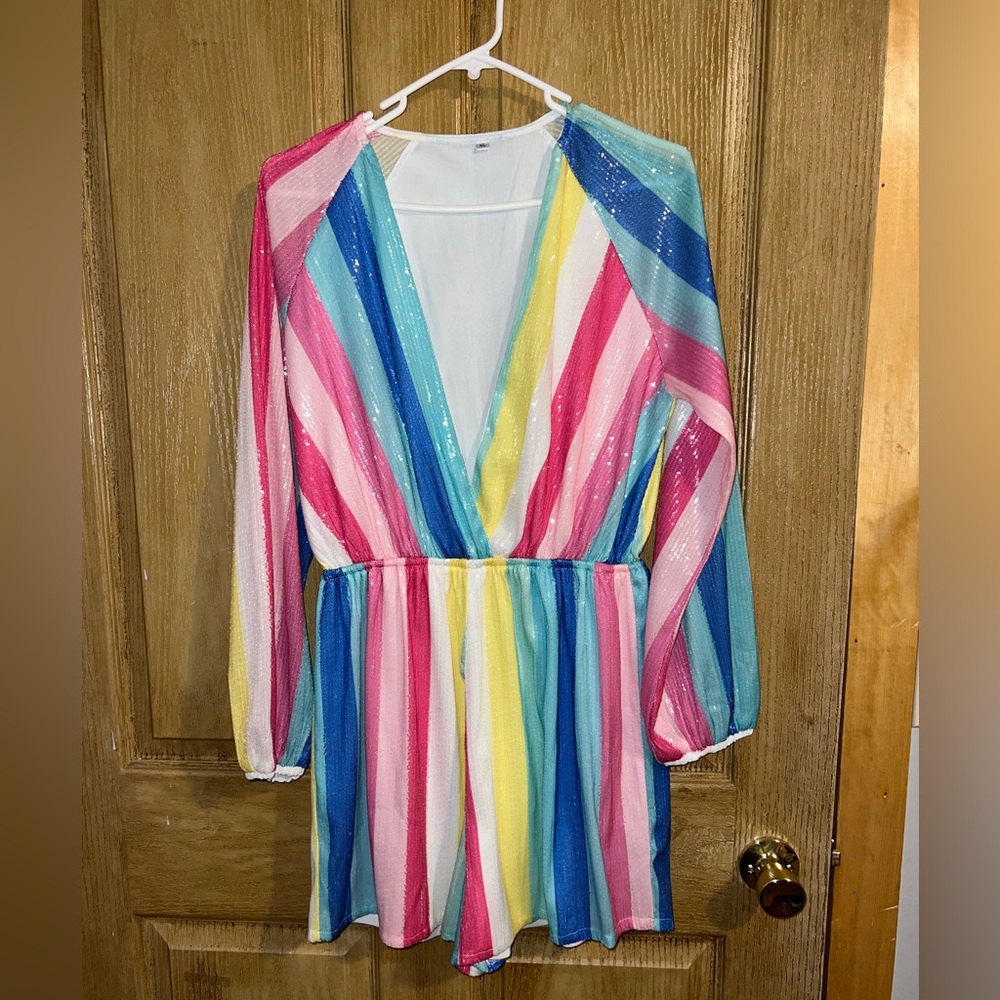 Colorful Striped Long Sleeve Sequin Romper